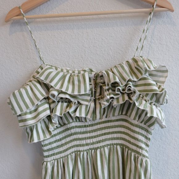 ZARA Midi Dress Linen Blend Striped Green Ruffles Tiered Sz S - Picture 11 of 13